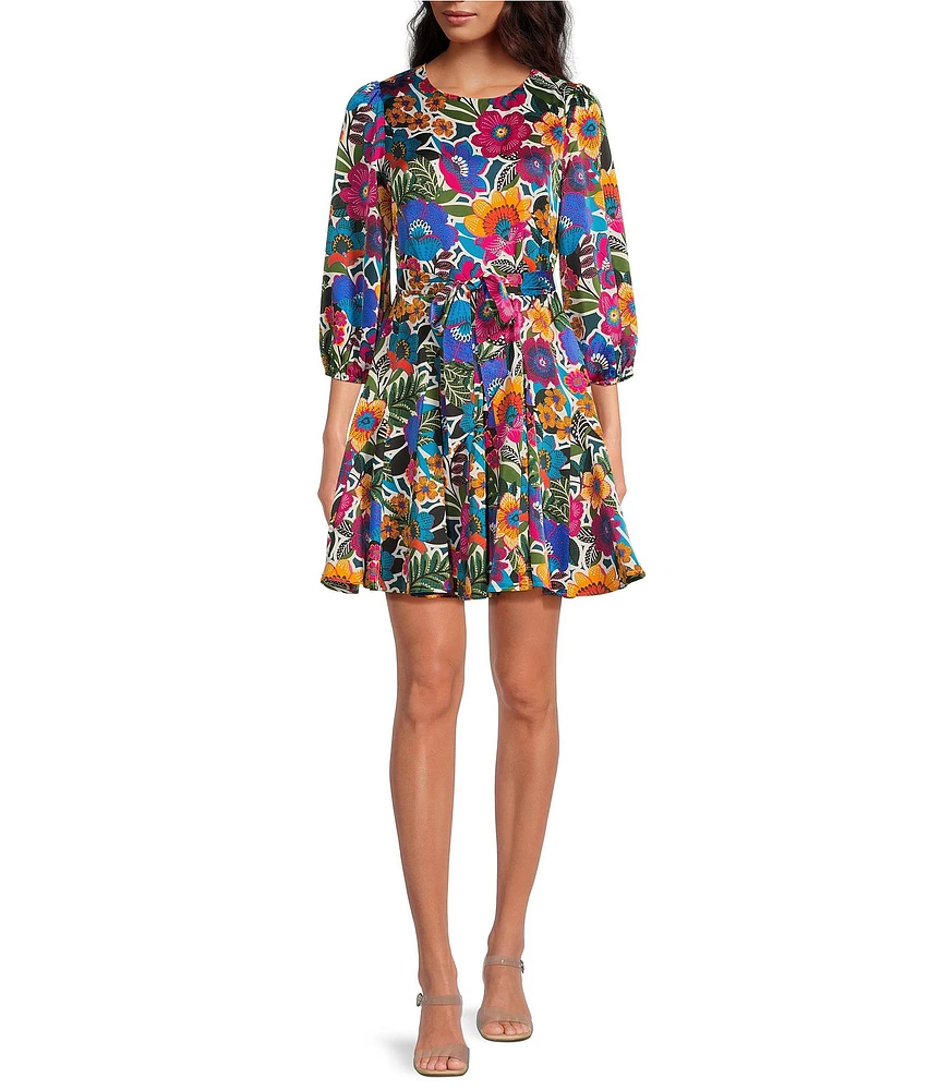 Sugarlips Santa Elena Floral Print Crew Neck 3/4 Balloon Sleeve Mini Dress