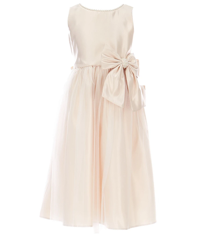 Sweet Kids Big Girls Sleeveless Pearl Trim Dull Satin Bow Detail Tulle Skirt Tea Dress