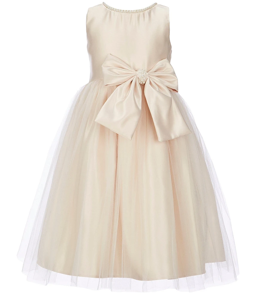 Sweet Kids Little Girls Sleeveless Dull Satin Pearl Trim Bow Detail Tulle Tea Dress