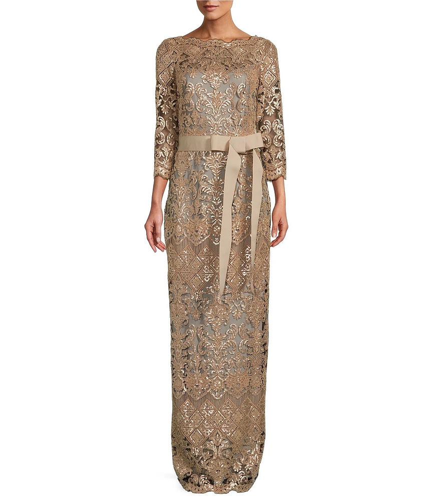 Tadashi Shoji Boat Neck 3/4 Sleeve Sequin Lace Illusion Ribbon Belt Gown