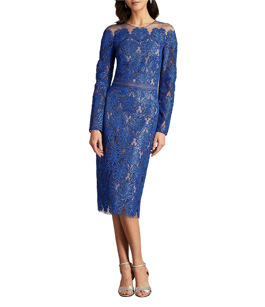 Tadashi Shoji Long Sleeve Sequin Embroidered Lace Sheath Midi Dress