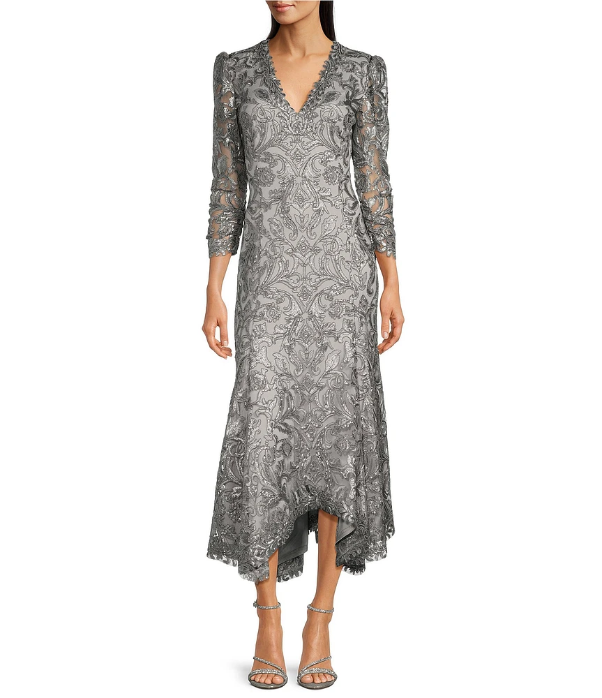 Tadashi Shoji Metallic Sequin Lace V-Neck 3/4 Sleeve Asymmetrical Hem Handkerchief Gown