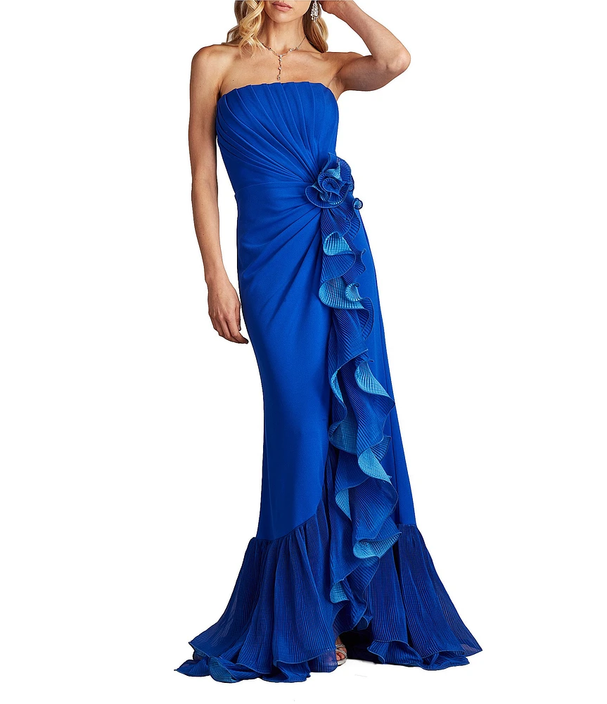 Tadashi Shoji Strapless Pleated Bodice Cascading Ruffle Crepe Sheath Gown
