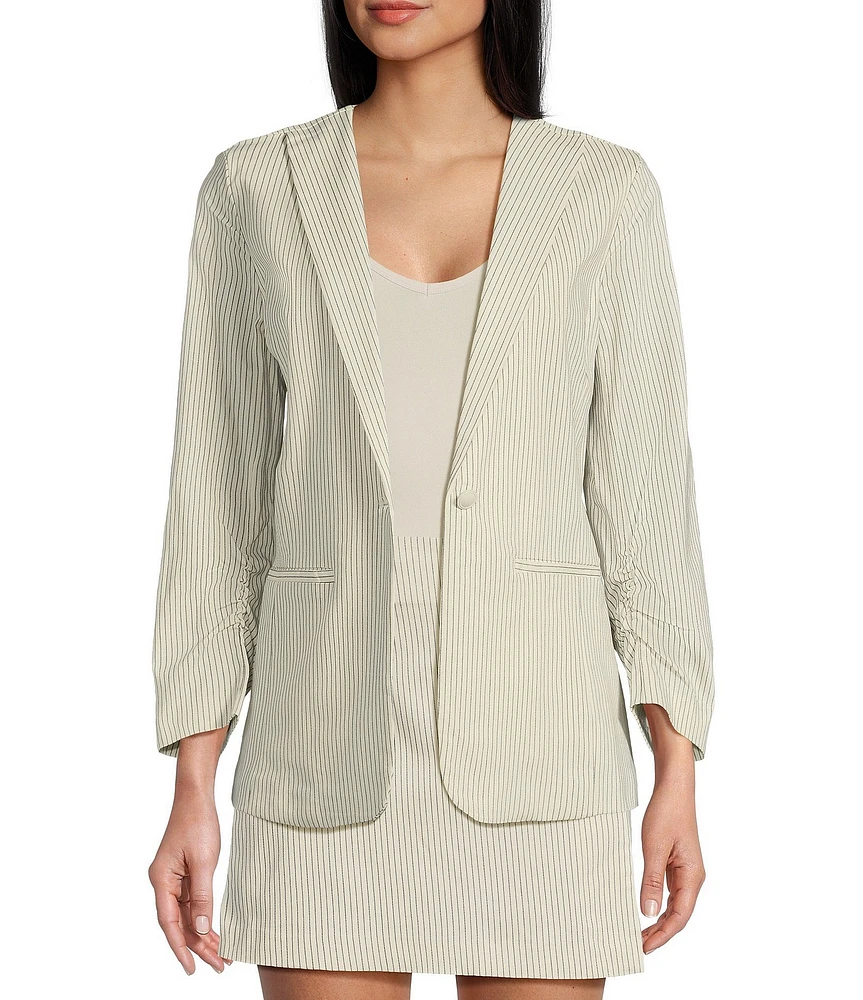 Takara Striped Notch Collar 3/4 Sleeve Shirred Blazer Jacket