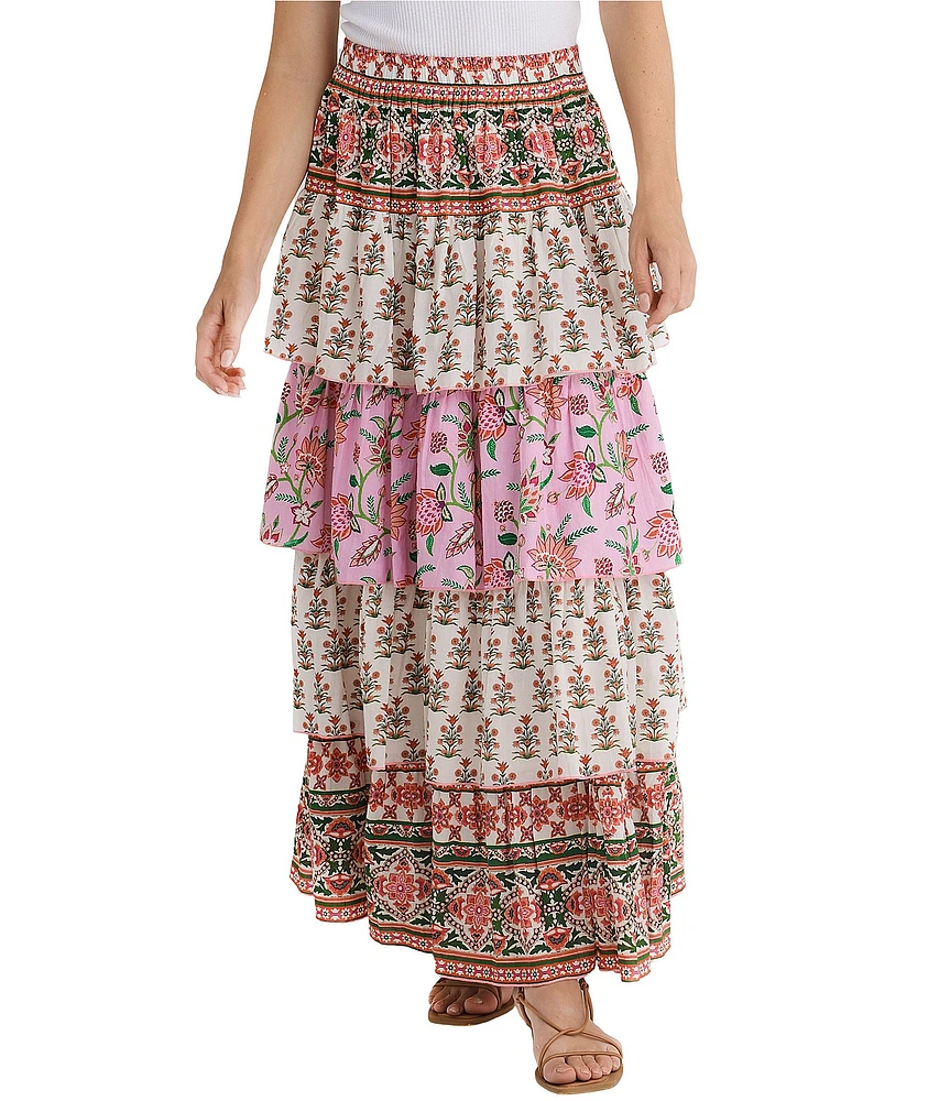 Talisman Ariel Strawberry Print Tiered Ruffle Midi Skirt