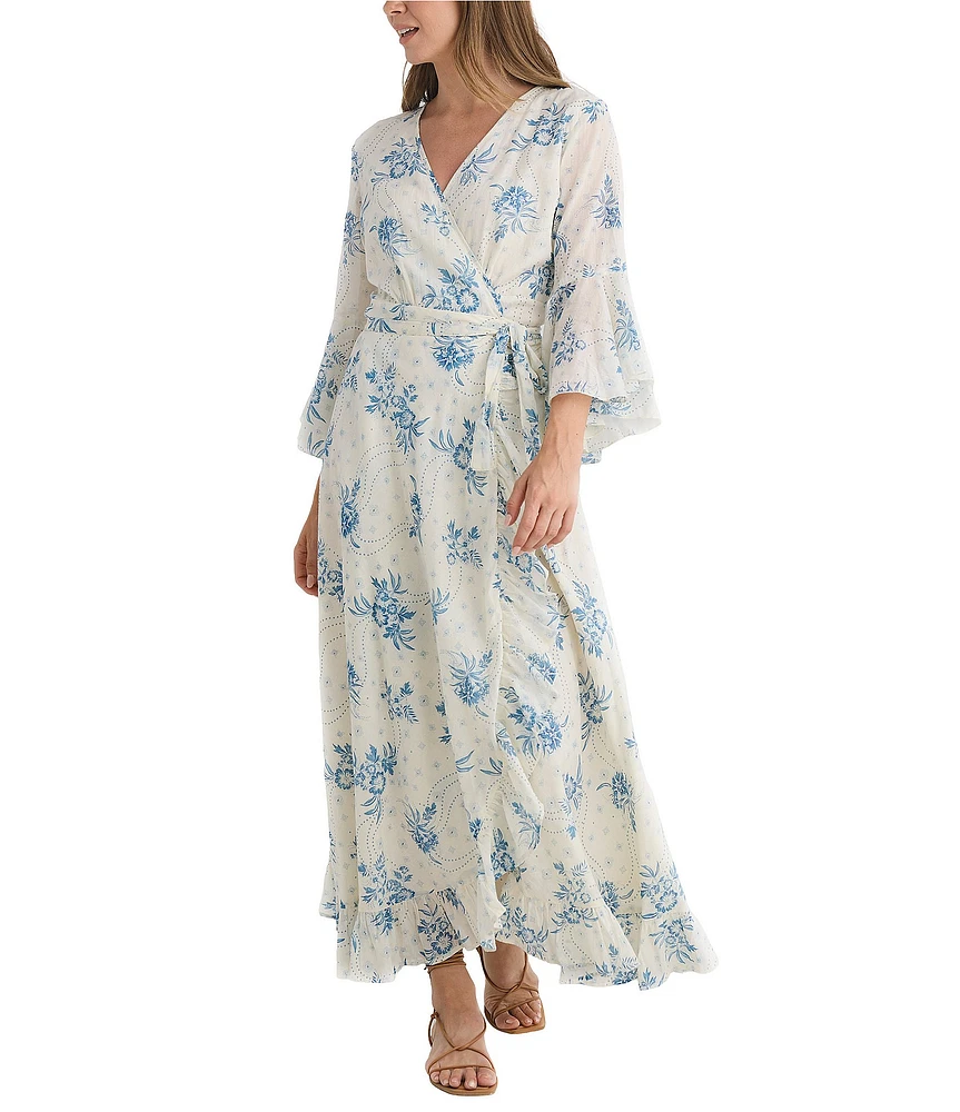 Talisman Carly Bluebell Woven Floral Print V-Neck 3/4 Bell Sleeve Wrap Maxi Dress