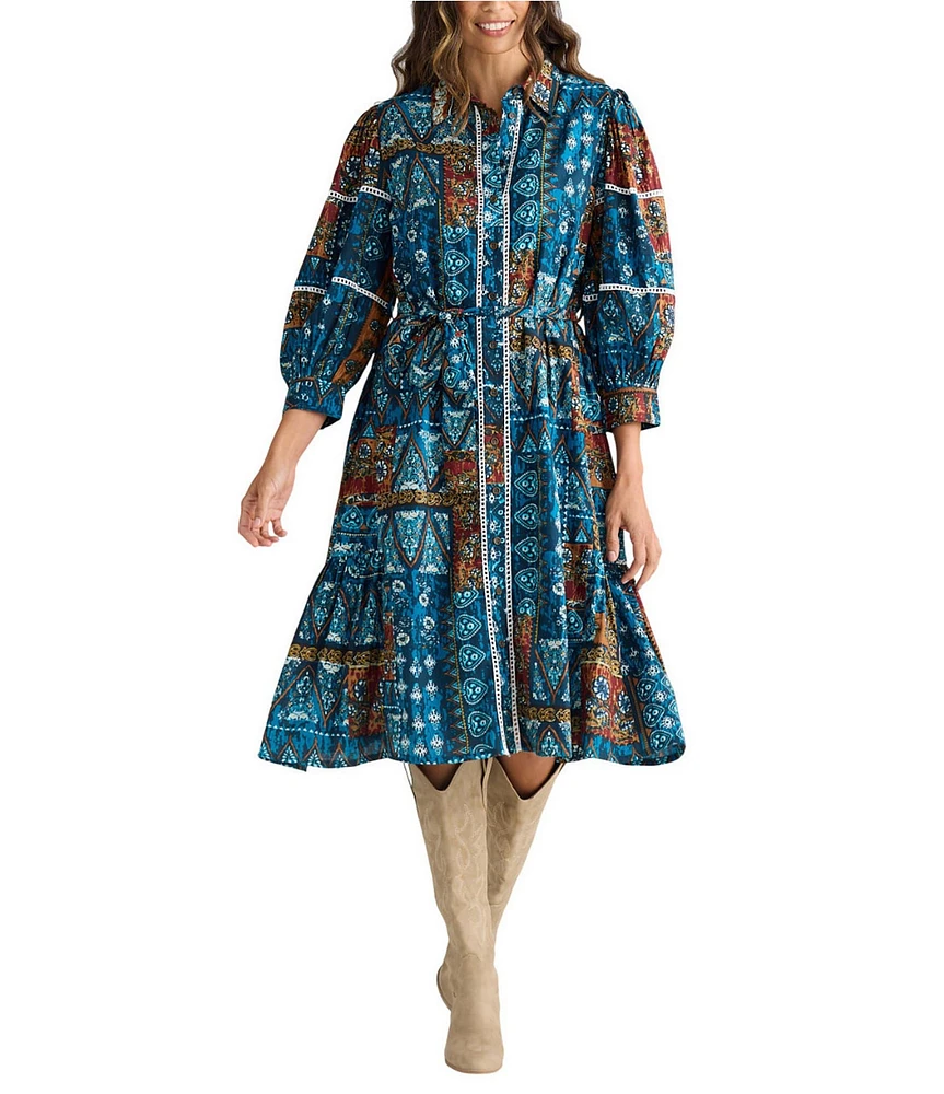 Talisman Castella Patchwork Button Down Collar Long Sleeve Belted Blouson Midi Dress