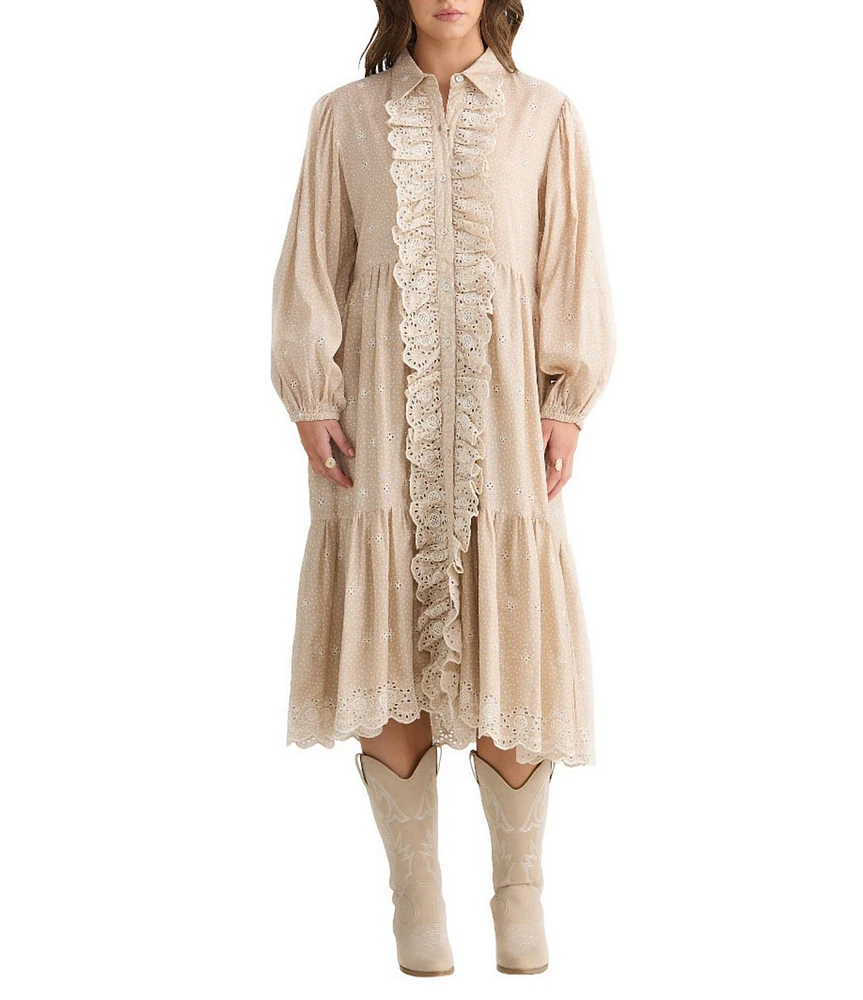 Talisman Garden Party Embroidered Eyelet Shirt Collar Long Sleeve Blouson Midi Dress