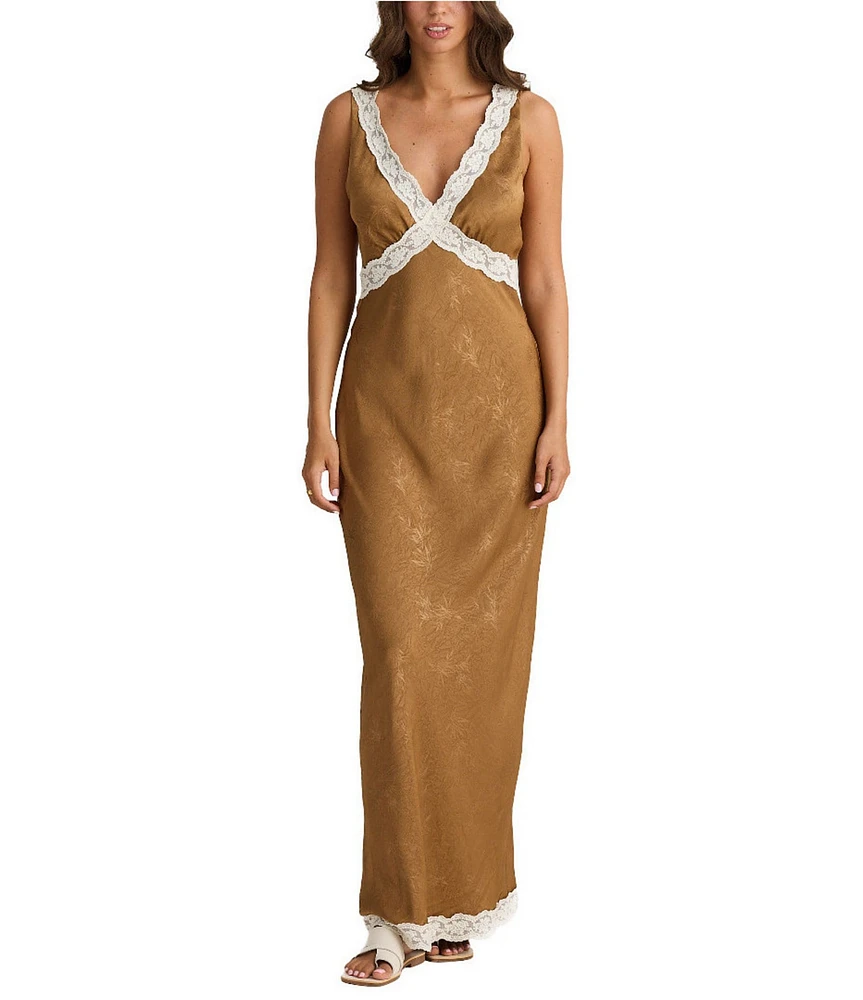 Talisman Luca Silk Jacquard V-Neck Sleeveless Lace Slip Maxi Dress