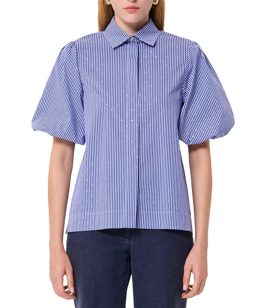 Tara Jarmon Caly Stripe Print Point Collar Short Puff Sleeve Rhinestone Top