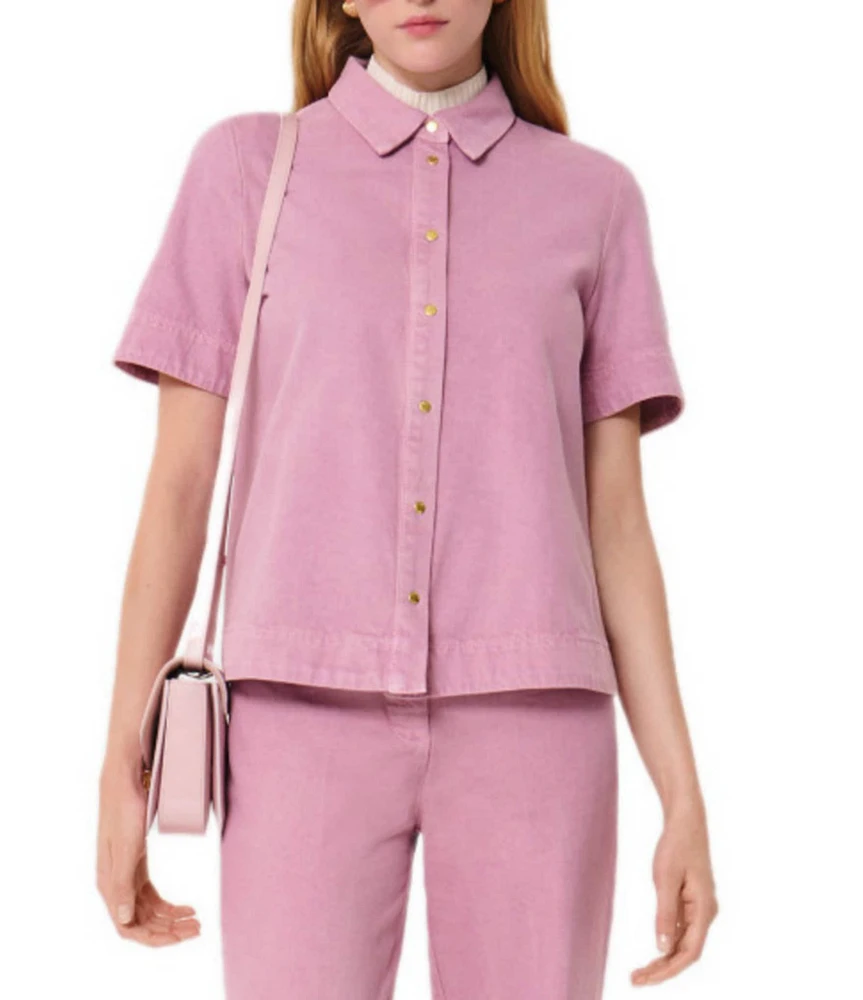 Tara Jarmon Camilia Denim Point Collar Short Sleeve Button Front Top