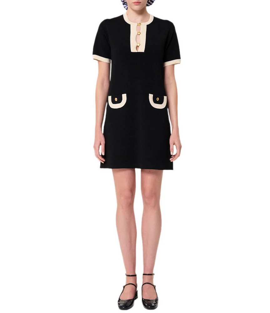 Tara Jarmon Roller Knit Round Button Front Neck Short Sleeve Dress