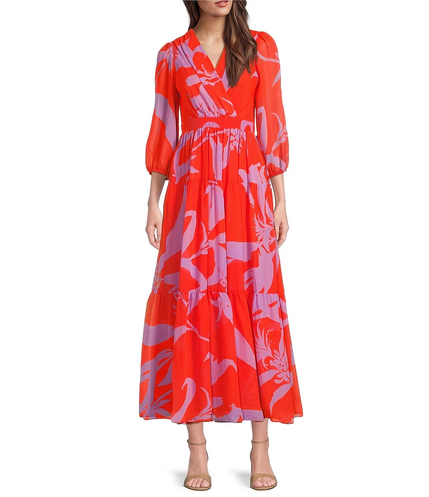 Taylor Chiffon Floral Print V Neck 3/4 Sleeve A-Line Maxi Dress