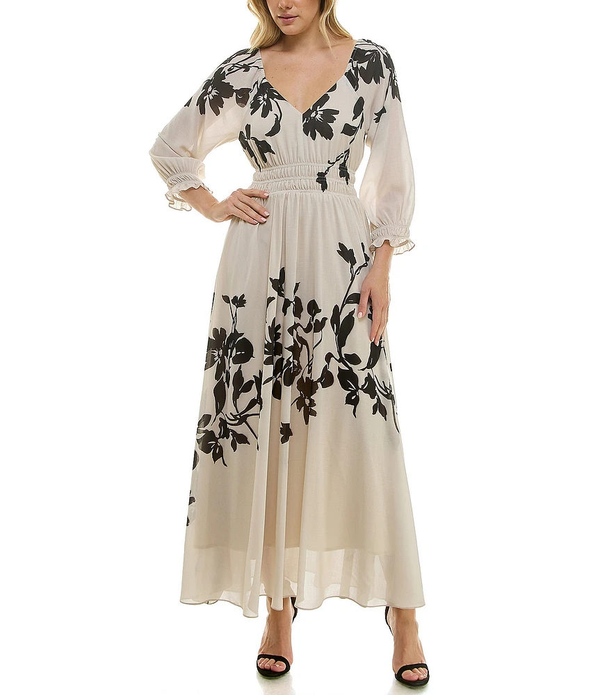 Taylor Floral Print Chiffon V-Neck Long Ruffle Cuff Sleeve Fit & Flare Maxi Dress
