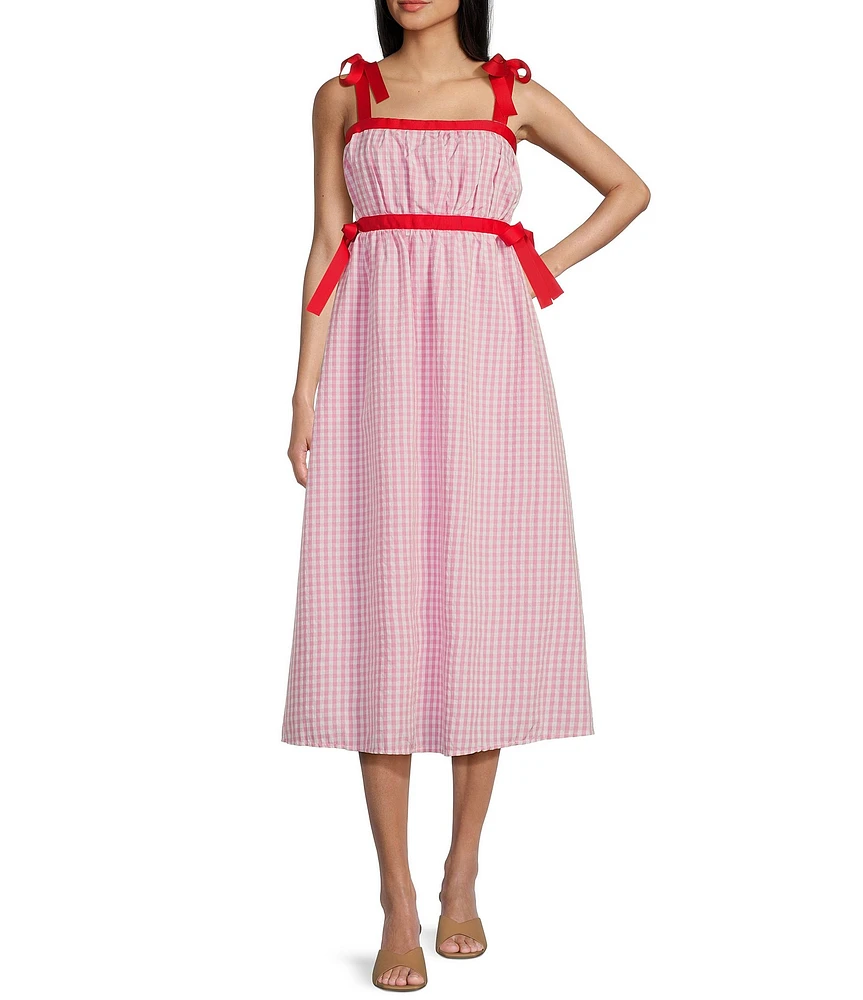 TCEC Gingham Square Neck Tie Shoulder Midi Dress