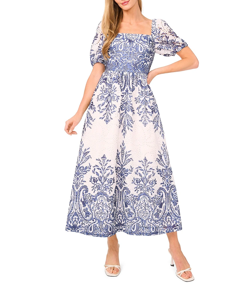 Ted Baker London Printed Eyelet Square Neck Short Puff Sleeve Maxi Dress