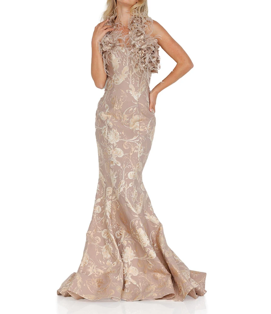 Terani Couture Jacquard Off-the-Shoulder Feather Trim Mermaid Gown