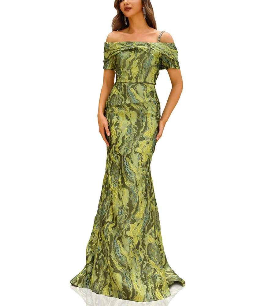 Terani Couture Off Shoulder 1 Strap Jacquard Mermaid Gown