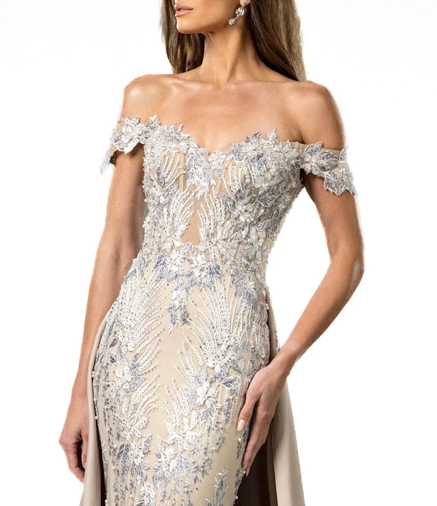 Terani Couture Off The Shoulder Lace Mermaid Gown With Over Skirt