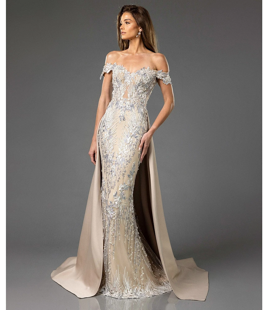 Terani Couture Off The Shoulder Lace Mermaid Gown With Over Skirt