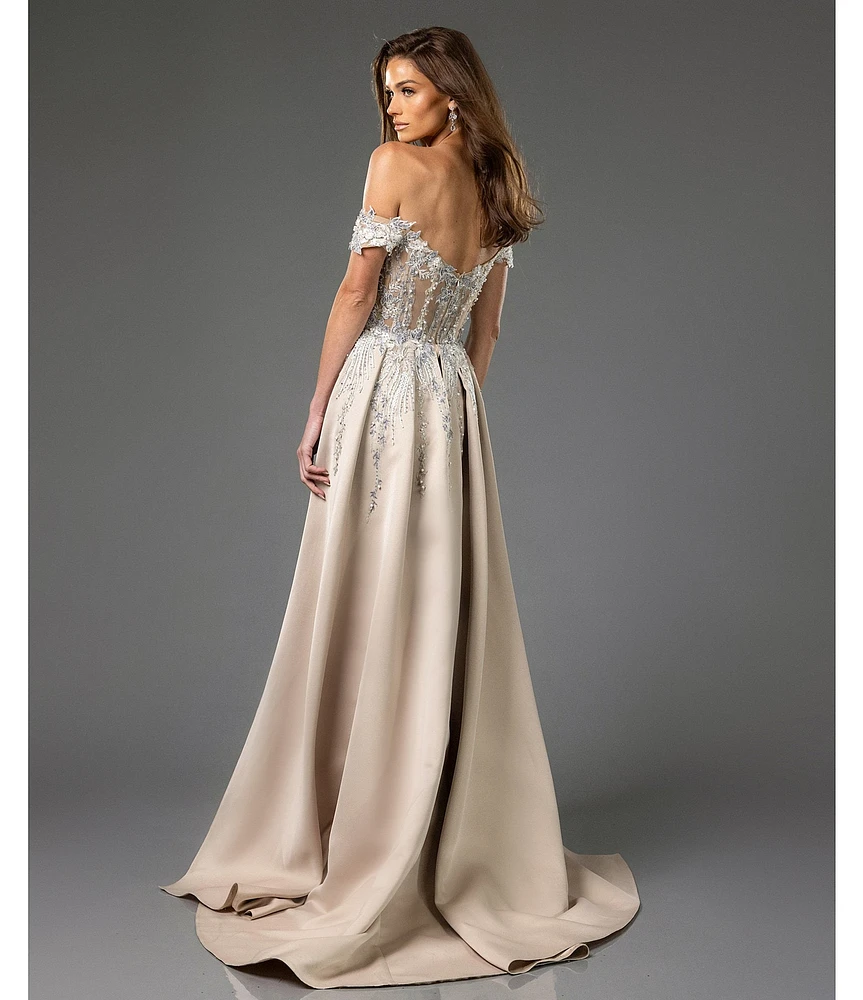 Terani Couture Off The Shoulder Lace Mermaid Gown With Over Skirt