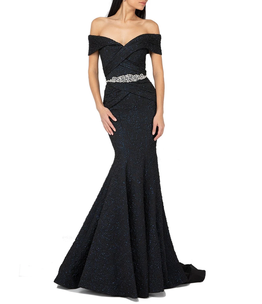 Terani Couture Off-the-Shoulder Short Sleeve Brocade Embellished Belt Mermaid Gown