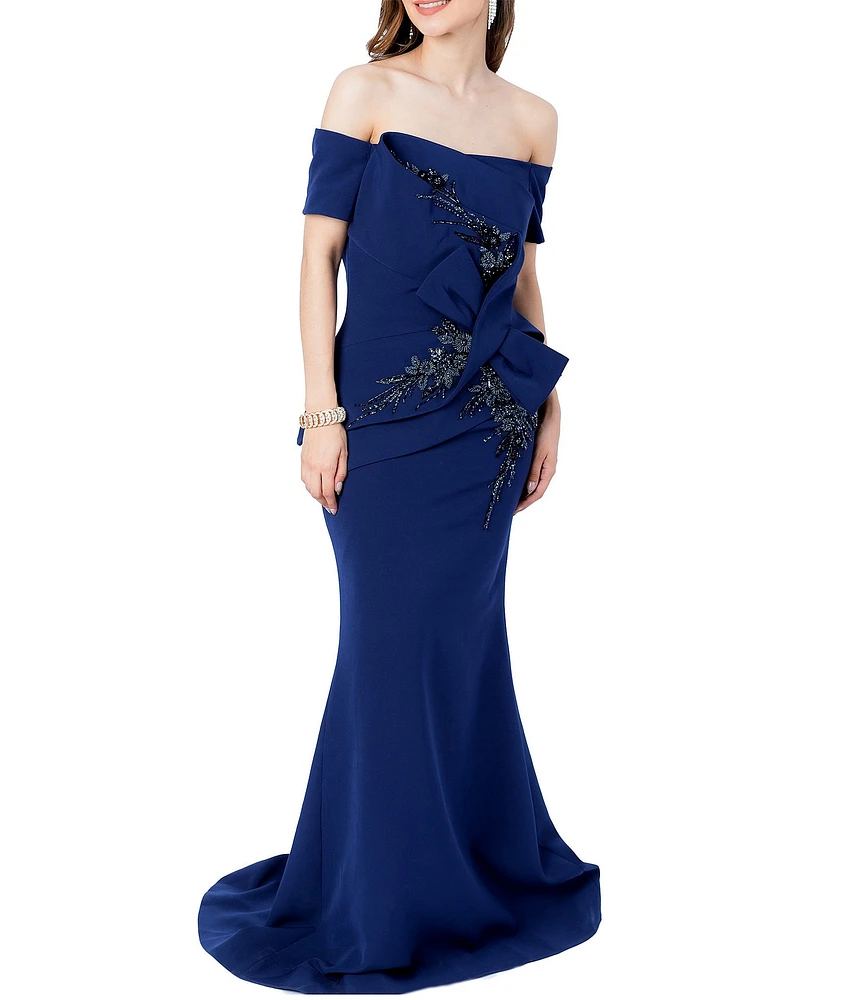 Terani Couture Off-The-Shoulder Short Sleeve Peplum Waist Mermaid Gown