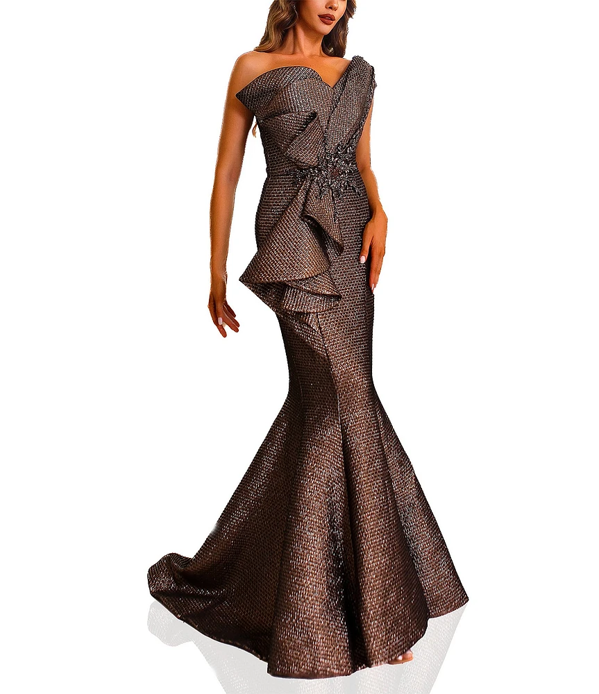 Terani Couture One Shoulder 3D Ruffle Front Front Jacquard Mermaid Gown