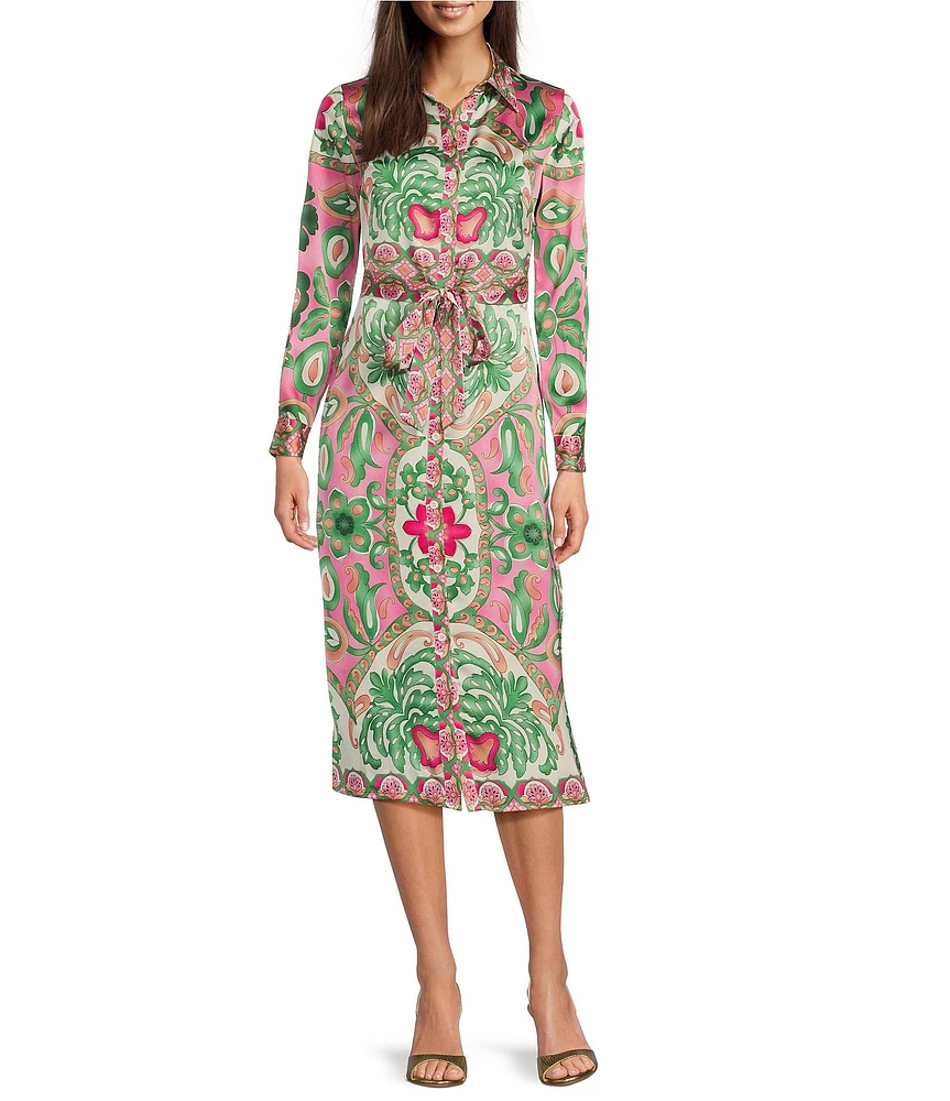 Terani Couture Paisley Print Point Collar Neck Long Sleeve Button Front Tie Belt Shirt Midi Dress