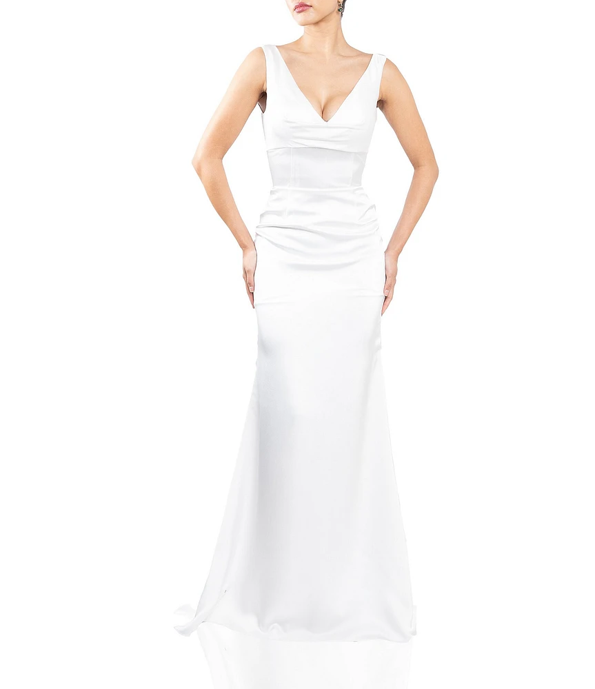 Terani Couture Satin V-Neck Sleeveless V-Back Sheath Gown
