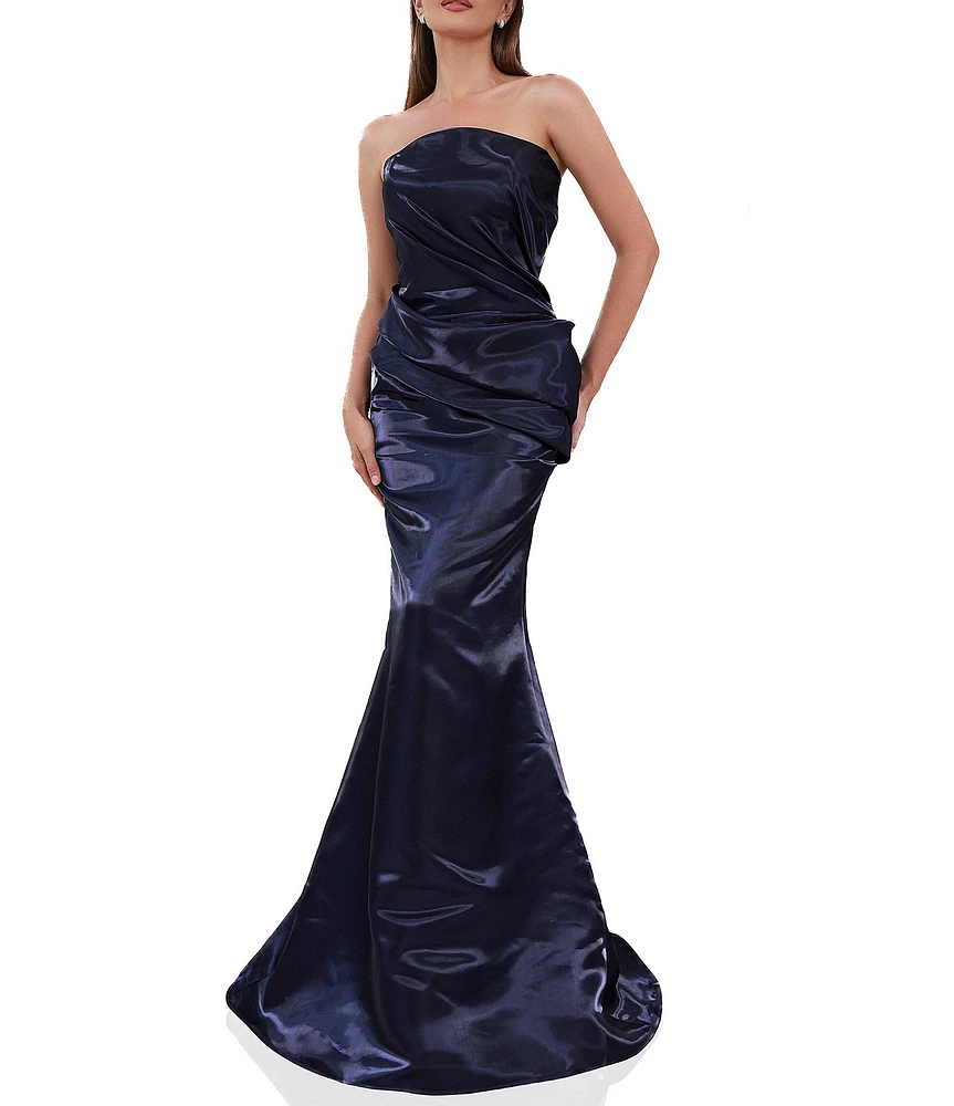 Terani Couture Strapless Pleated Bodice Shimmer Organza Mermaid Gown
