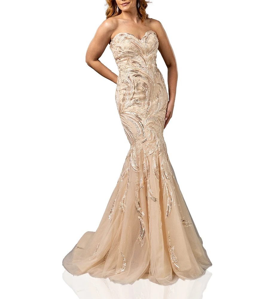 Terani Couture Sweetheart Neck Beaded Tulle Strapless Mermaid Gown