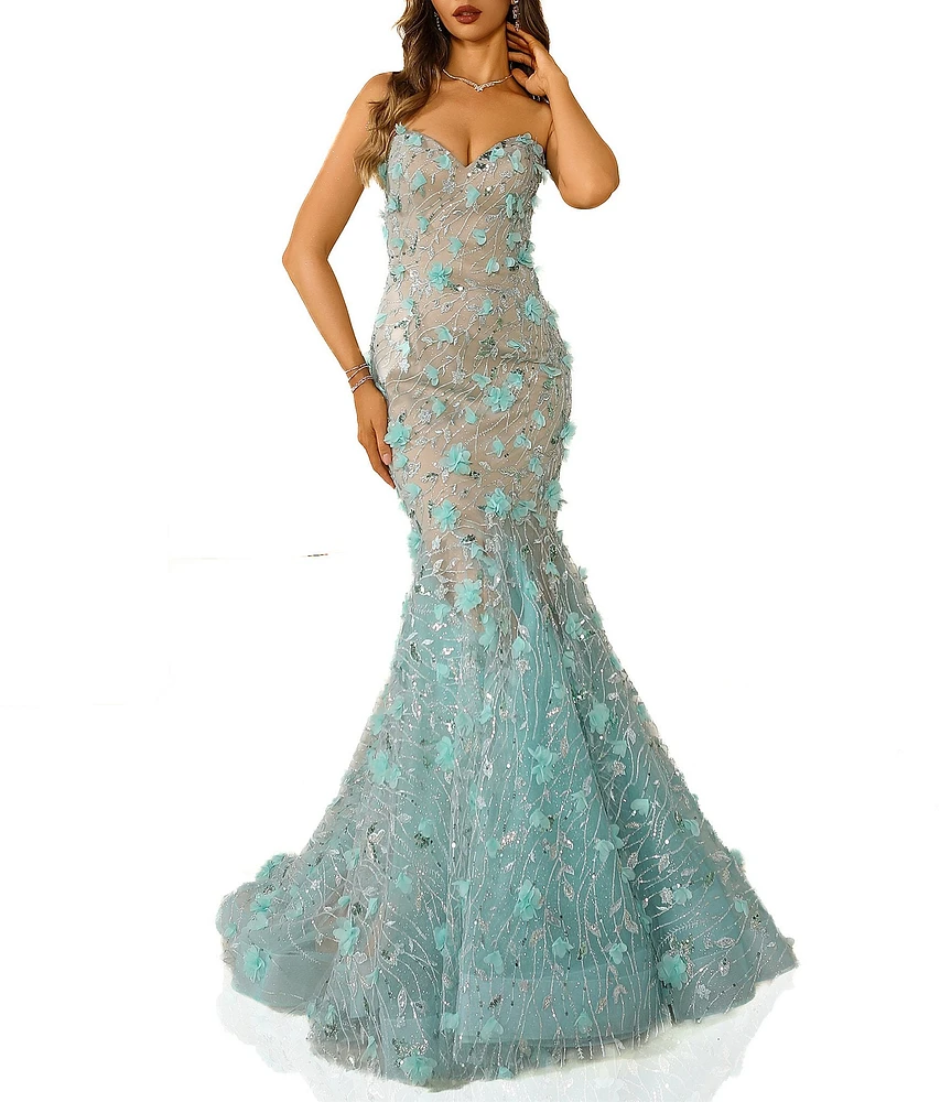 Terani Couture Sweetheart Strapless 3D Applique Tulle Mermaid Gown