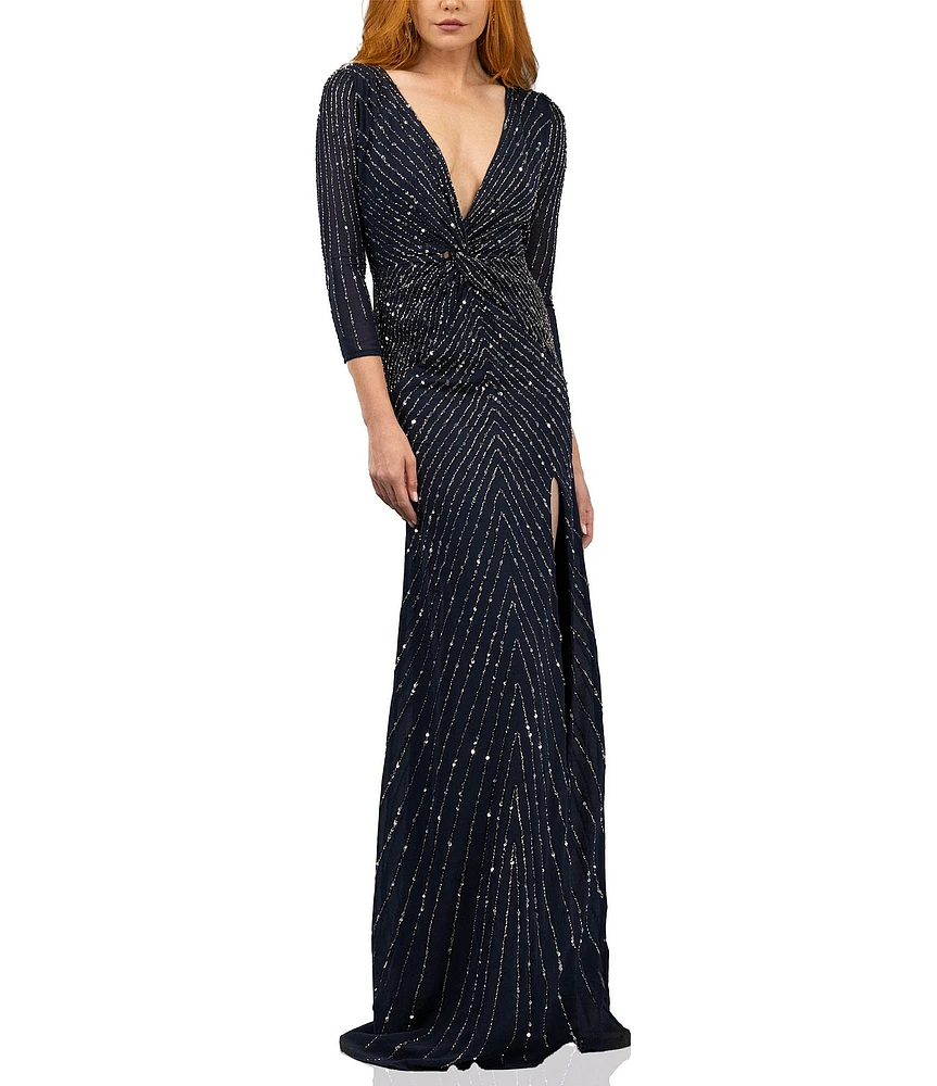Terani Couture V Neck 3/4 Sleeve Sequin Chiffon Column Gown