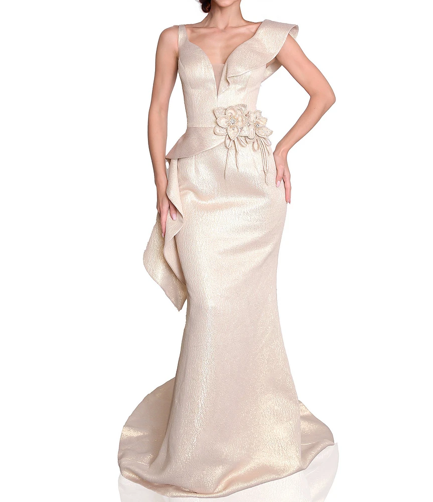 Terani Couture V-Neck Asymmetrical Sleeve Beaded Waist Side Peplum Gown
