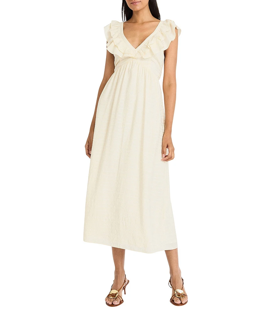 The Good Journey Ruffle V-neck Sleeveless Wove Midi Dress