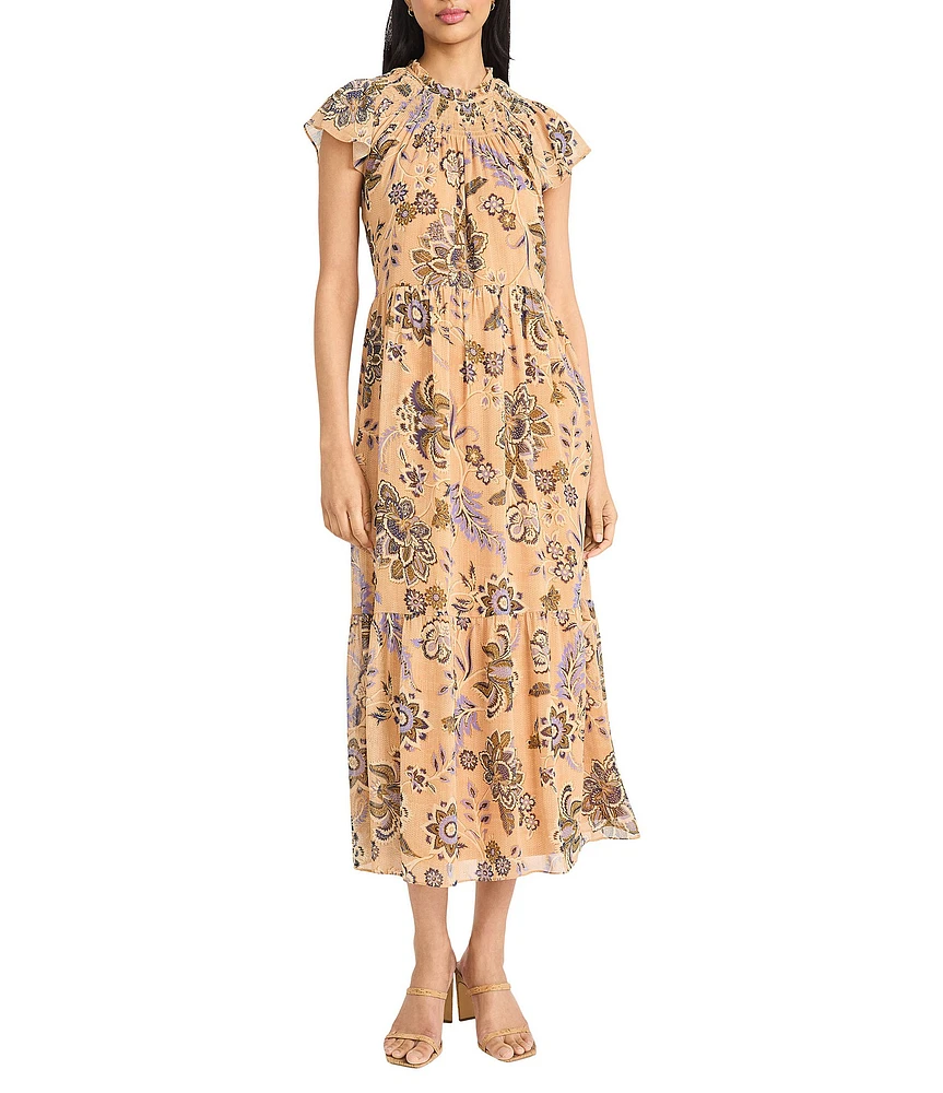 The Good Journey Smocked Mock Neck Ruffle Shoulder Floral Yoryu A-Line Midi Dress