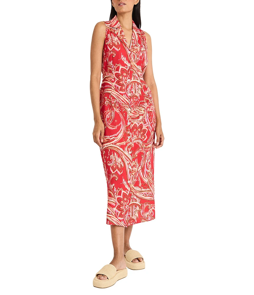 The Good Journey V-neck Notch Collar Sleeveless Paisley Print Woven Midi Shirtdress