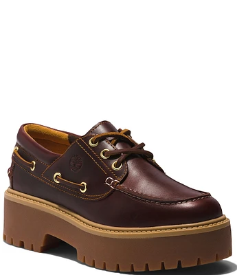 Timberland Women's Stone Street 3 Eye Leather Premium Platform Lug Sole Boat Shoes