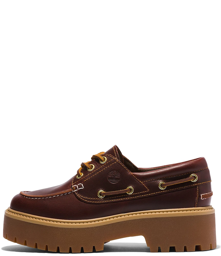 Timberland Women's Stone Street 3 Eye Leather Premium Platform Lug Sole Boat Shoes