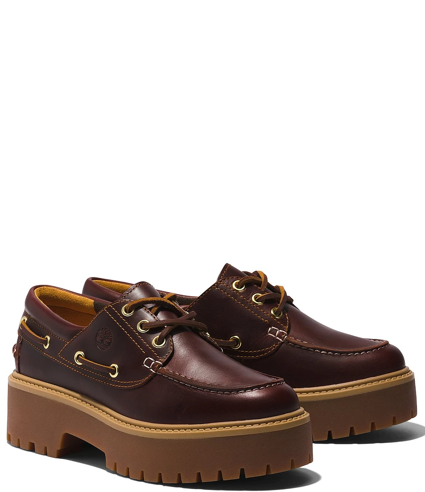 Timberland Women's Stone Street 3 Eye Leather Premium Platform Lug Sole Boat Shoes