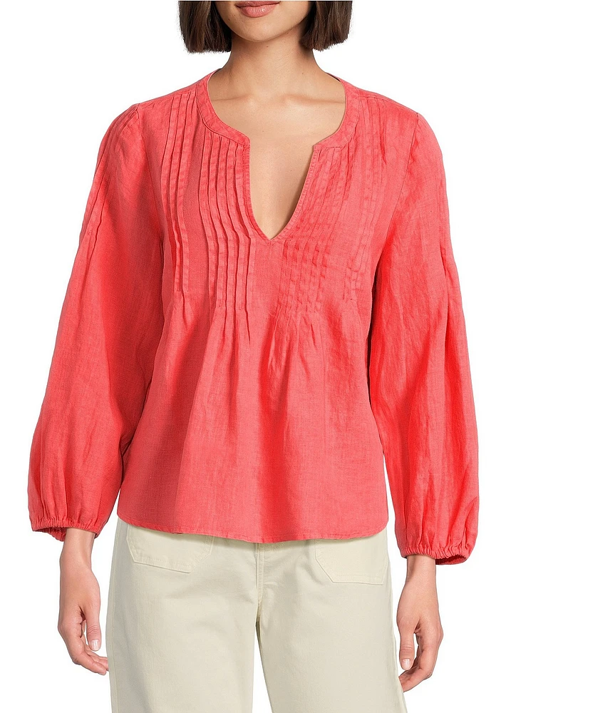 Tommy Bahama Coastalina Pintuck Solid Linen Plain Weave Split V-Neck Long Sleeve Peasant Top