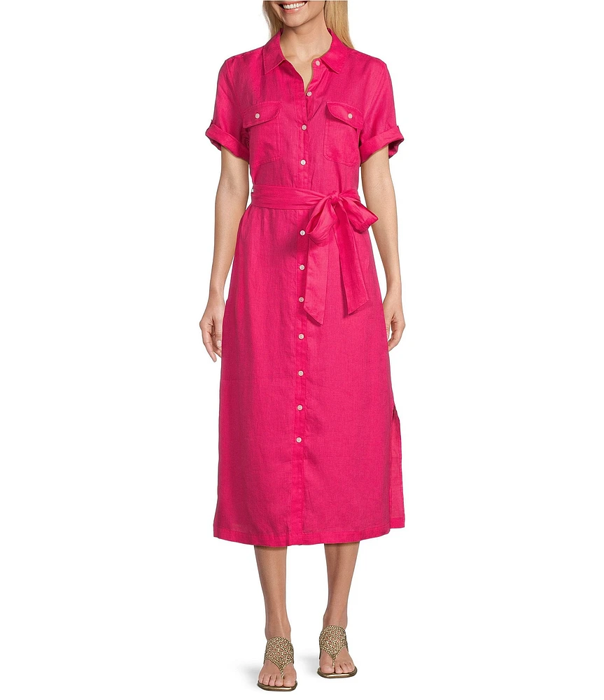 Tommy Bahama Coastalina Point Collar Short Sleeve Linen Midi A-Line Shirt Dress