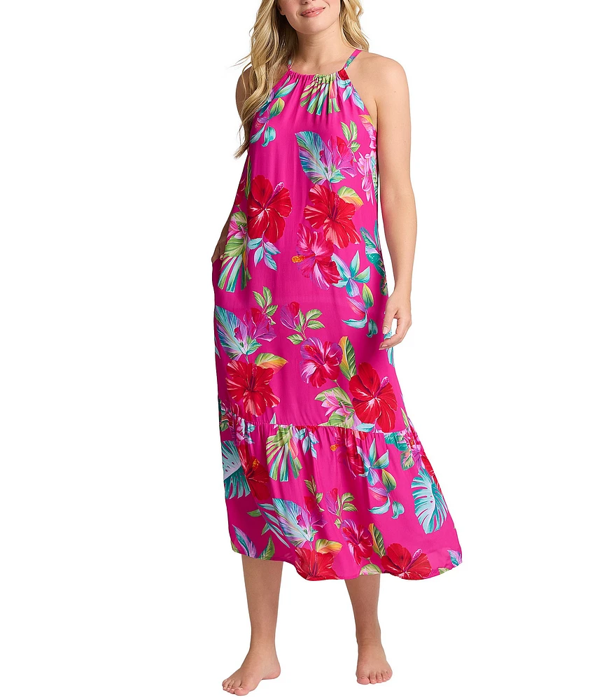 Tommy Bahama Island Cays Fiesta Floral Halter Neck Sleeveless A-Line Dress Swim Cover-Up