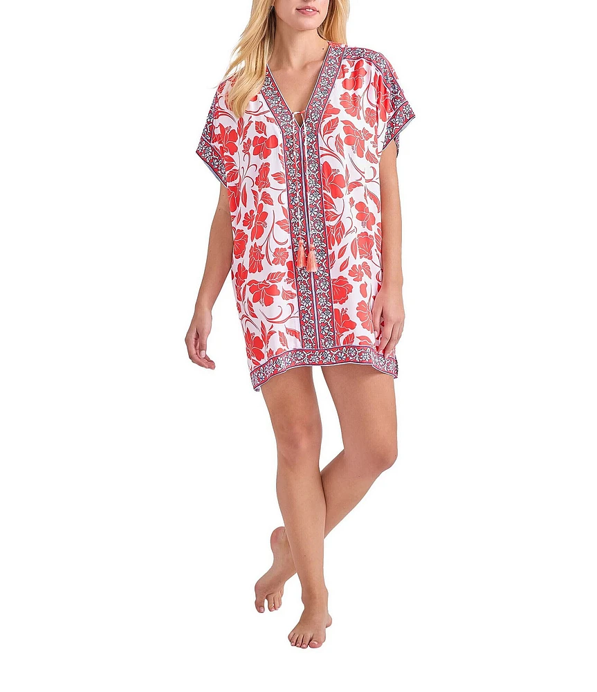 Tommy Bahama Island Cays Fiori Border Floral V-Neck Tunic Swim Cover-up