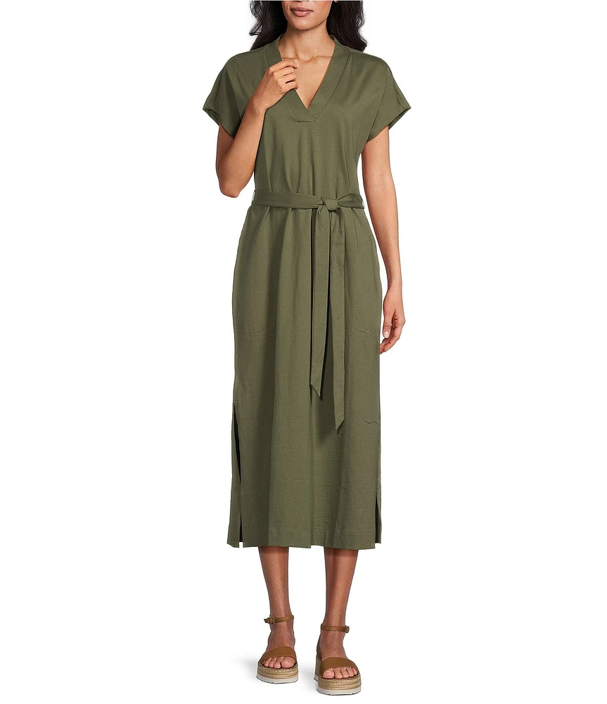 Tommy Bahama Islandscape Jersey V-Neck Short Sleeve Self-Belted Midi Dress