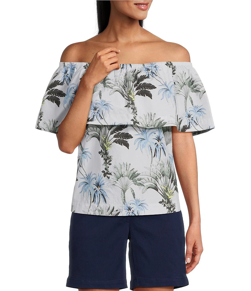 Tommy Bahama Palisade Tropical Palm Poplin Plain Weave Off-The-Shoulder Ruffle Top