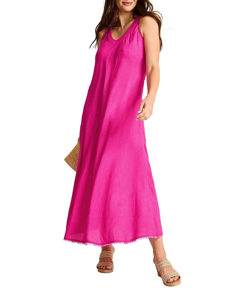 Tommy Bahama St. Lucia Solid Linen Blend V-Neck Sleeveless Bias Cut Tank Midi Dress Swim Cover-Up