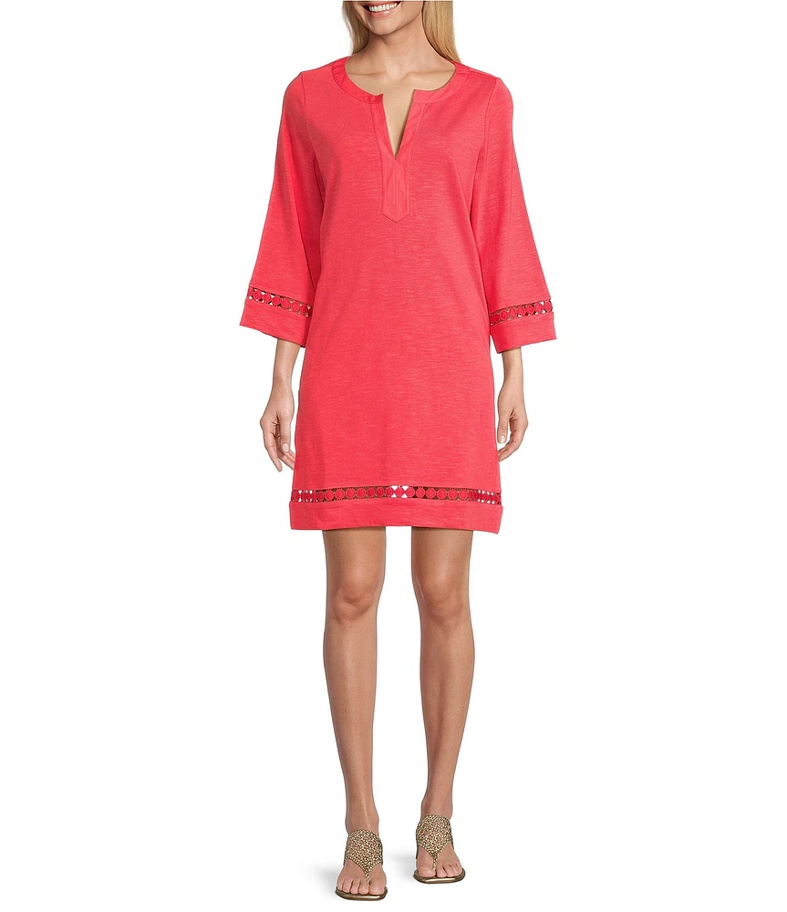 Tommy Bahama Sunset Harbor Solid Cotton Slub Jersey Split V-Neck Bell Sleeves Embroidered Trim A-Line Dress