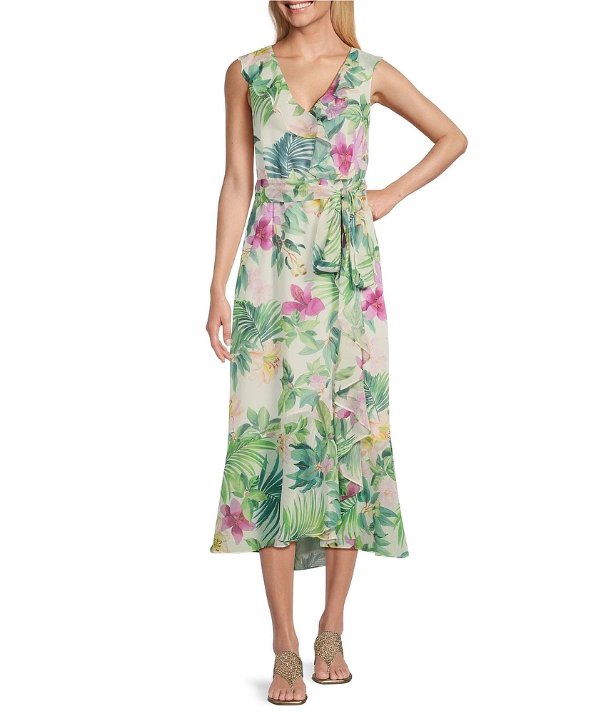 Tommy Bahama Tropical Bliss Crinkle Georgette Surplice V-Neck Sleeveless Ruffle Trim Maxi Dress